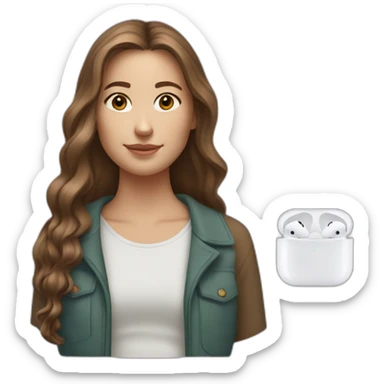 young white woman, brown long hair with reflections wearing airpods max sticker