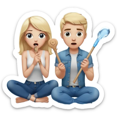 blond woman sitting on her knees with wide eyes, another man in jeans is staying (not sitting) on her left, she's holding a wide skin-colored stick with a D-shaped knob, the stick and the nob have skin texture, water squirting from the knob into her mouth, shocked face sticker
