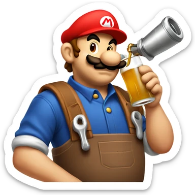 Mario plumber drinking beer with a shirt that reads “HOPE” with a pipe wrench logo sticker
