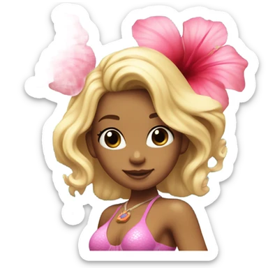 Mermaid with blonde hair, light blue tail and bra and a pink hibiscus flower in her hair sticker