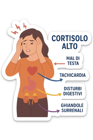 donna con Cortisolo alto con freccie che indicano. In italiano sticker