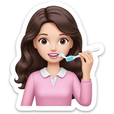 A white barbie girl with long dark brown wavy hair in pale pink clothes brushes her teeth sticker