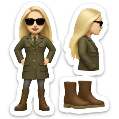 Realistic White woman with Long straight blonde hair and round sunglasses, camouflage Wool oversize blazer, mini dress and Brown leather boots  sticker