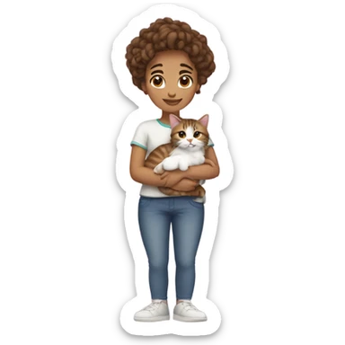 Girl with curly brown hair in bun cuddling a tabby cat with white paws and chest  sticker