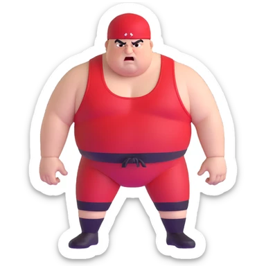 Close-up of white skin fat guy no muscle with prominent black durag, completely shaved face, no beard or mustache, black eyes in a red and black wrestling singlet with angry face sticker