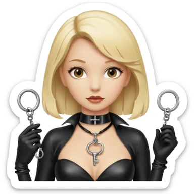 Dominatrix with blonde hair, latex outfit, old fashioned key necklace, and a whip sticker