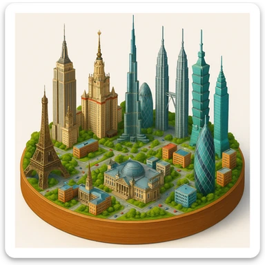 Оставь основу картинки - деревянную подставку, но при этом сгенерируй изометричная, яркая, детализированная и фотореалистичная иллюстрация где будет самые узнаваемые здания мира Эмпайр Стейт Билдинг, Эйфелева башня, здание МГУ, Бурдж-Халифа, Башни Петронас, Небоскрёб Фостера в Лондоне, Рейхстаг, Тайбэй sticker