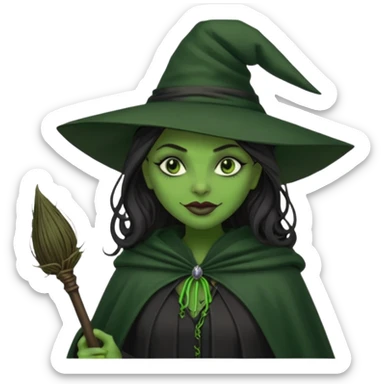 elphaba wicked witch with broom close up, evil dark coily long dark hair, green skin, thick green lips, cheekbones, smirk evil menacing cythia erivo dark aesthetic black hat cloak black broom sticker