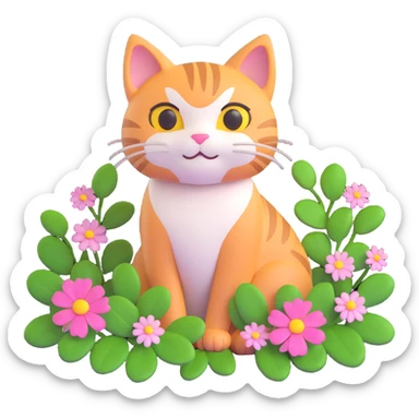 a cat surrounded by green clover leaves and flowers sticker