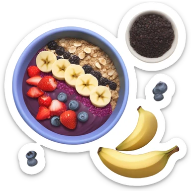 create an acai bowl with hazelnut topping and purple acai with strawberries coconut flakes and bananas sticker