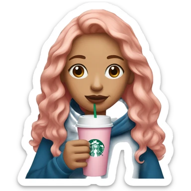 Girl with strawberry blonde hair, freckles under her eyes, dark blue eyes, a pink hoodie, holding a Starbucks cup sticker