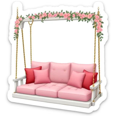 Romantic white wooden pastel-red-pink cushions couch-swing with tiny gold flowers around sticker