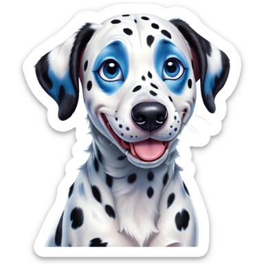 Cinematic Comical Spotted Dalmatian Portrait Emoji, Head tilted dramatically with an exaggeratedly shocked or amused expression, featuring a striking Fur of predominantly white with vivid black patches, wide, expressive blue eyes filled with playful disbelief, Simplified yet hilariously expressive features, highly detailed, glowing with a slightly sassy glow, high shine, dramatic yet playful, stylized with an air of cheeky charm, bright and endearing, soft glowing outline, capturing the essence of a spirited and over-the-top guardian, so meme-worthy it feels like it could side-eye its way into internet fame instantly! sticker