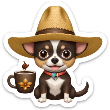 Chihuahua negro con cafe con sombrero de paja sticker