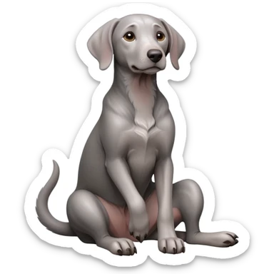 cinematic-[weimeraner-realistic-full-body-sitting-emoji,-tail-resting-loosely-beside-its-paws,-head-tilted-dramatically, -sleek-[grey]-fur,-simplified-yet-realistic-focused-features,-highly-detailed,-glowing-with-an-almost-sarcastic-glow sticker