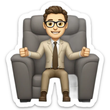 Joyful Celebrating victory Hands up Pale skinned Fit Man With dark brown hair in gray jacket, beige office shirt, Brown pants and vintage glasses sitting In a soft chair sticker
