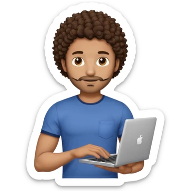 men holding his computer in hands. light brown skin men with curly dark brown hair, brown eyes, little grown beard. ust a tiny bit muscular. dressed casual. round face. sticker