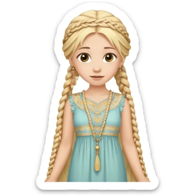 
mujer, Joven, de aspecto dulce y elegante.
Piel clara, ojos grandes y expresivos, sonrisa triste.
Rubio o castaño claro, largo, con trenzas o velo.
Vestido largo hasta los pies de tonos suaves (blanco, azul o lavanda), con bordados dorados; toca fina cubriendo la cabeza. sticker