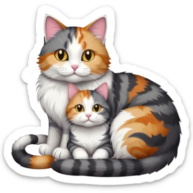 full body colourful light patched calico + white tabby cat cuddling a bigger cat that is dark grey and white tabby cat  and they are in love sticker