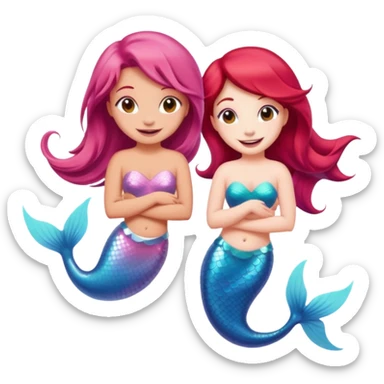 Cute iOS-style emoji of a pastel pink dolphin and a red-haired mermaid, smiling at each other. 
Simple vector emoji design, bold outlines, soft gradients, glossy look, centered, white background. sticker