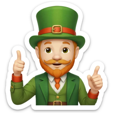 leprechaun looking up, and giving a thumbs up. on his left hand, he is holding his waist. change the hat band with orange band and a red belt. change the facial hair to white. on his mouth, he is smoking a red pipe. the pipe is on his lip. sticker