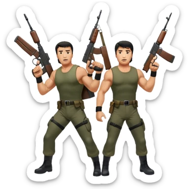 Icon for Action Movies: Arnold Schwarzenegger as John Matrix in Commando and Sylvester Stallone as John Rambo in Rambo, both in iconic action poses with weapons, intense expressions, and explosive backgrounds. Powerful and dynamic with dramatic lighting. Transparent background. sticker