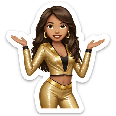 Tenitra Michelle Williams, R&B Singer from Destiny's Child with long dark brown hair, gold sequin outfit, medium dark skin sticker