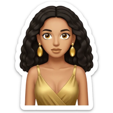 Solange brown eyes, black long hair, gold dress with earrings sticker