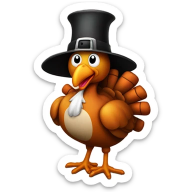 Cartoon Happy turkey wearing a pilgrim hat with some pumpkins around him sticker