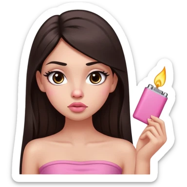 girl with lighter skin, dark brown long straight hair, pouty shiny lips without cupid's bow, large eyes, lighter button nose, long oval-shaped face, wearing a pink bandeau top with straight neckline sticker
