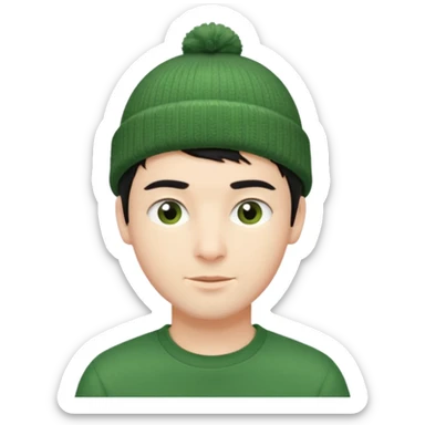 French guy with short black hair wearing a green beanie sticker