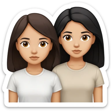 Three sisters, light skin with long dark brown hair, tan skin long black hair, tan skin dark brown short hair, white tee sticker