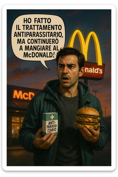A realistic, cinematic illustration of a man in his early 30s with a confused yet stubborn expression, standing outside a McDonald's at dusk, holding a small box labeled 'Antiparasitic Treatment' in one hand while holding a large McDonald's burger in the other. He is mid-sentence, saying 'Ho fatto il trattamento antiparassitario, ma continuerò a mangiare al McDonald!' in an expressive speech bubble. The man wears casual streetwear, and behind him, the McDonald's golden arches glow under a neon-lit sky. The mood is ironic and educational, highlighting the contradiction of doing parasite cleanses while continuing unhealthy fast-food habits. The style is realistic with slight illustrative clarity, emphasizing the message humorously while maintaining a serious undertone about lifestyle choices and health in italiano sticker