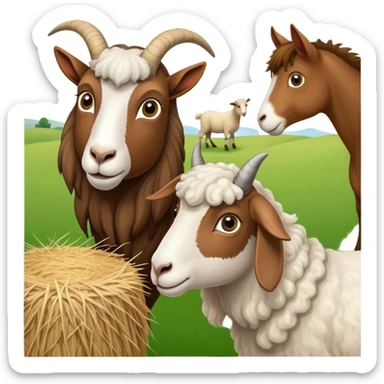 Icon for Domestic Hooved Animals: A gentle collage featuring a brown goat with large, curious eyes, a calm sheep with soft wool, and a majestic horse with a flowing mane. Background with a green pasture and a few hay bales. Transparent background. sticker