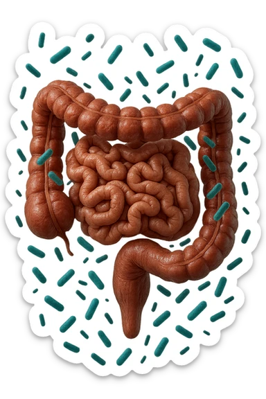 intestino umano anatomico realistico con batteri intestinali turchesi che fluttuano intorno, IPERREALISTICA 4K sticker