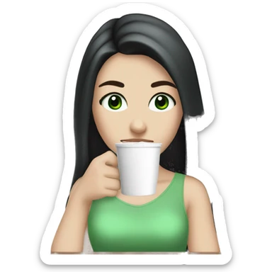 white girl with very long black hair and green eyes and light pink outfit drinking a latte sticker