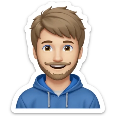 20 year old man, short scruffy beard and thin moustache, brown puffy mullet, blue eyes, big smile, white teeth, big lips, pronounced jaw, hair longer in back, sticking up on top, thin face, grey hooded sweatshirt, pale skin, big smile, blue eyes, puffy hair that is long in back sticker