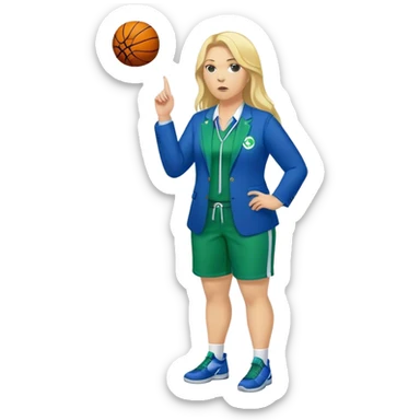 Full Body white plus size female basketball head coach with whistle with long blonde hair in a blue and green suit sticker