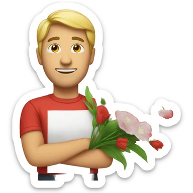 white man have red teeshirt and have a flowers sticker