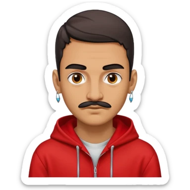 Man with thick eyebrows slit on the right with a long nose, then lips, small mustache earrings, red hoodie with graffiti sticker