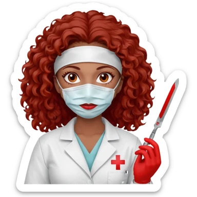 Scary woman scalpel in hand, evil surgeon sexy surgeon clothes.  She has red eyes. Her  brown long curly hair. Wears sexy doctor outfit with red gloves. make her hair free and brown but have mouthy  wear  mask  to hide. Wears white surgeon jacket and  has lon* brown hair. sticker
