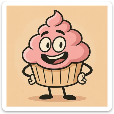 cupcake with pink icing, cartoon style, bold outlines, playful sticker