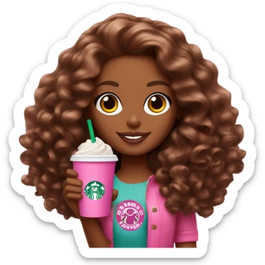 Barbie girl with brown long curly hair holding Pink starbucks refresher sticker