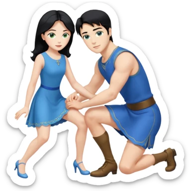 prince, upright, black Hair, blue eyes, blue garment,  Woman, blonde Hair, Green eyes, bending knee, sleveless, white Dress, sticker