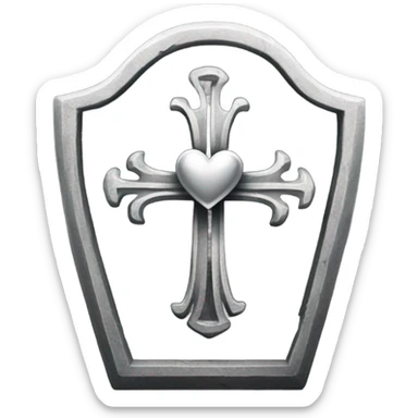 a black tombstone in silver RIP and a silver heart sticker