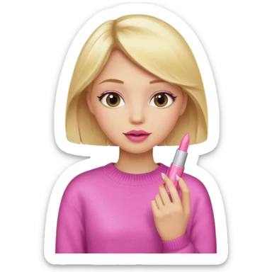 A blonde haired girl with a pink sweater and holding a lip gloss sticker