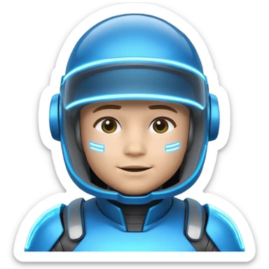 “Futuristic Roblox boy emoji, 2050 style. Blue neon visor, cyber helmet, metallic skin glow, hologram lines, tech-suit with glowing seams, soft neon background.” sticker