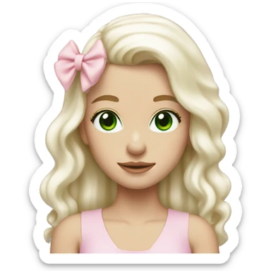 pale blonde girl with long platinum white wavy hair with bright green eyes and wearing a light pink hair bow sticker