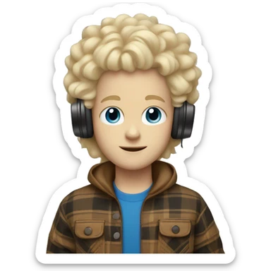 white kid with blonde fluffy hair with headphones and a plaid tan jacket on with blue eyes sticker