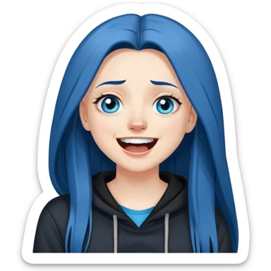 white girl with long straight dark blue hair wearing black hoodie blue eyes laughing hysterically and crying tears sticker